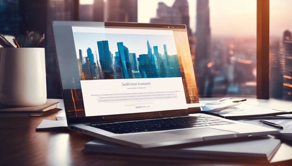 Een georganiseerde werkplek met een laptop, bedrijfsdocumenten en stadsgezichtfotografie.