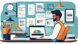 Persoon gebruikt Octaaf software op laptop in druk kantoor.