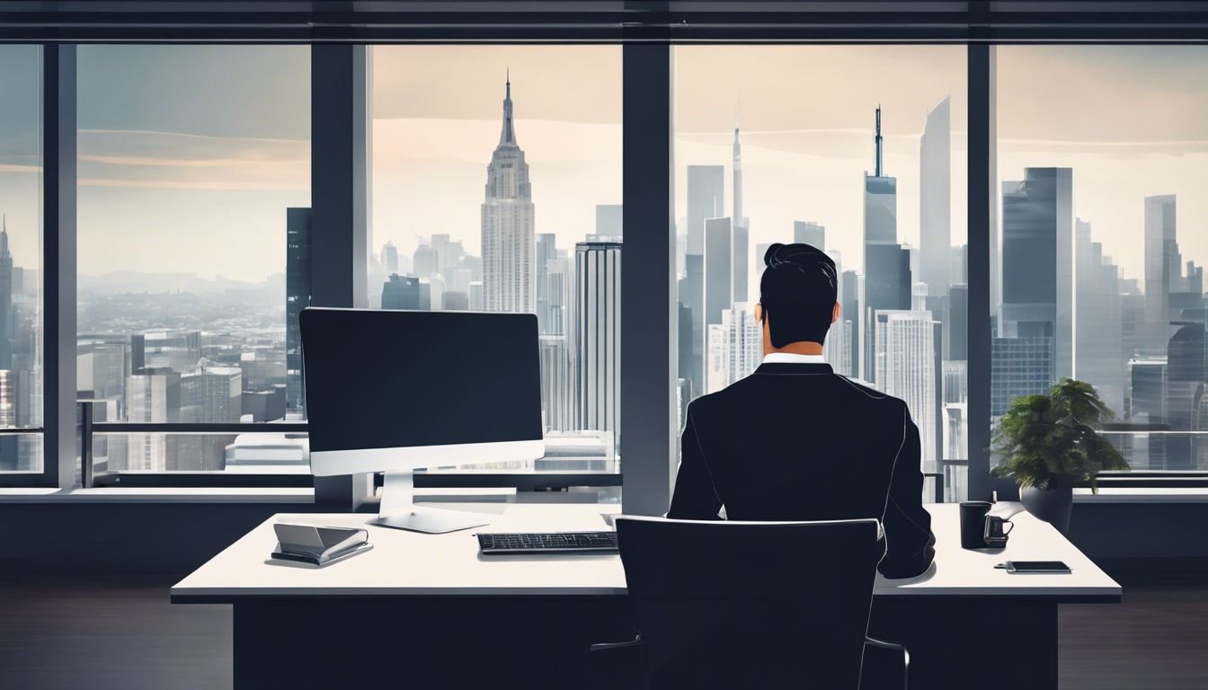 Een persoon werkt aan financi&euml;le dossiers op een laptop in een modern kantoor met stadsgezicht.