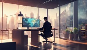 Een persoon typt op een toetsenbord in een moderne kantooromgeving.