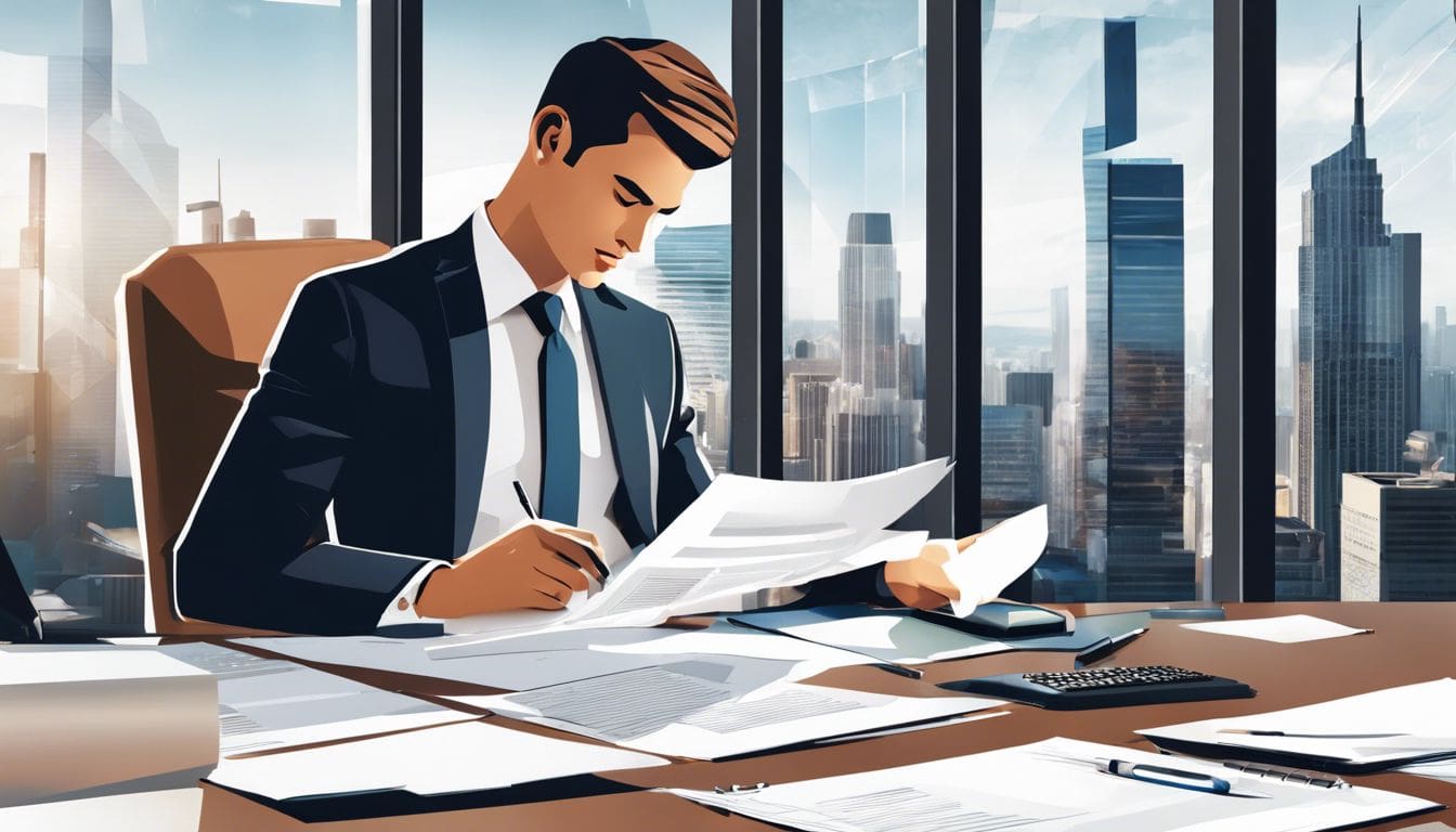 Een zakelijke professional beoordeelt papierwerk in een moderne kantooromgeving.