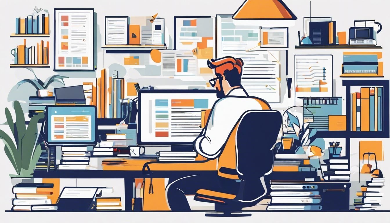 Een freelancer analyseert online boekhoudtools in een druk thuiskantoor.