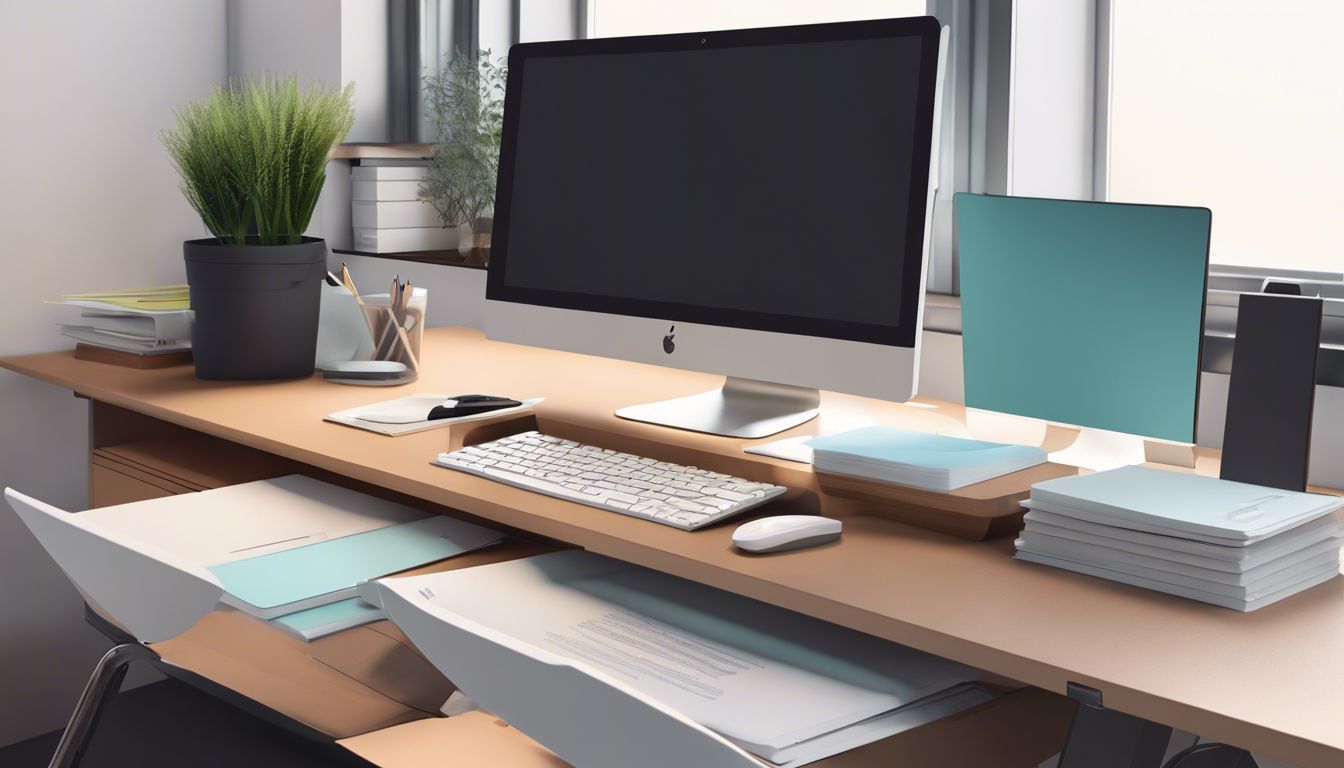 Een strak georganiseerd kantoor met een bureau, computer, rekenmachine en papierwerk.