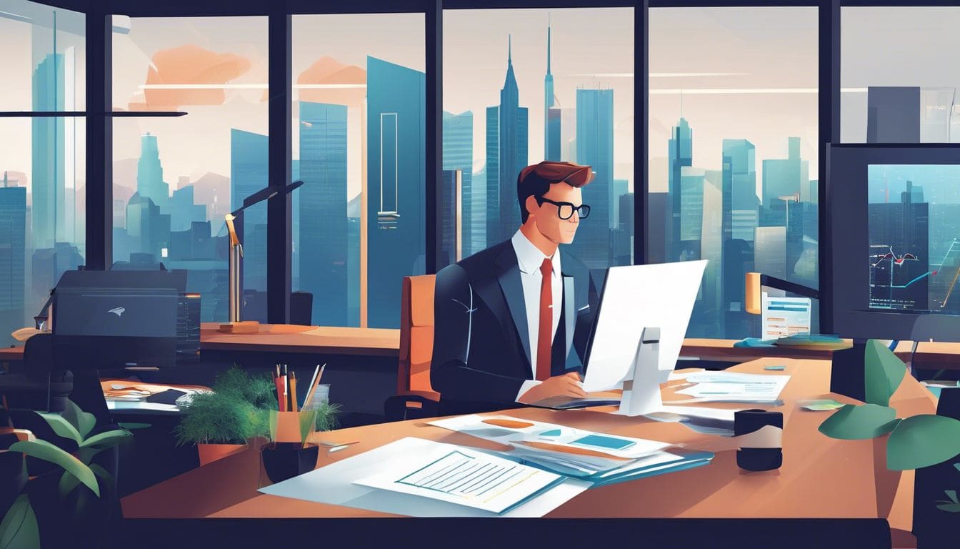 Een accountant analyseert financi&euml;le gegevens in een moderne kantooromgeving.