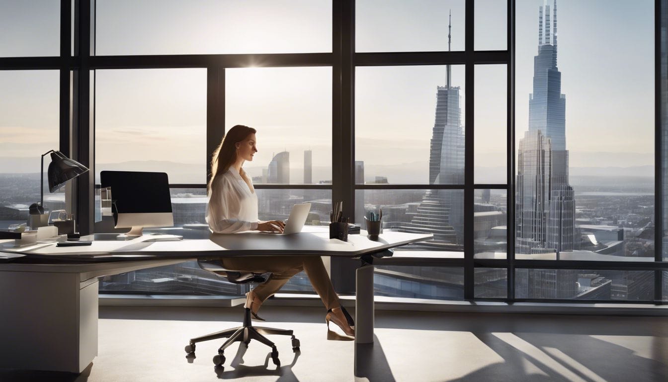 Een professionele vrouw gebruikt Apache OpenOffice in een modern kantoor.