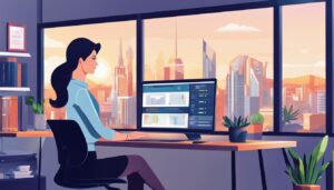 Een professionele vrouw gebruikt open source boekhoudsoftware op haar bureau.