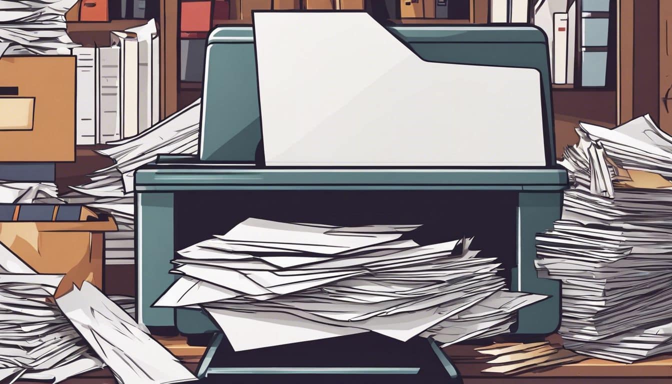 Een versnipperaar machine omringd door stapels oude documenten in een kantooromgeving. Een versnipperaar machine omringd door stapels oude documenten in een kantooromgeving.
