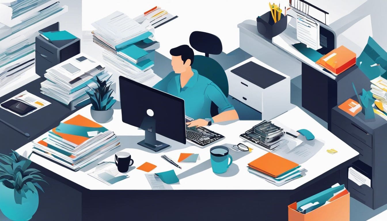 Een werknemer verwerkt orders in een chaotisch kantoor, met intense focus.