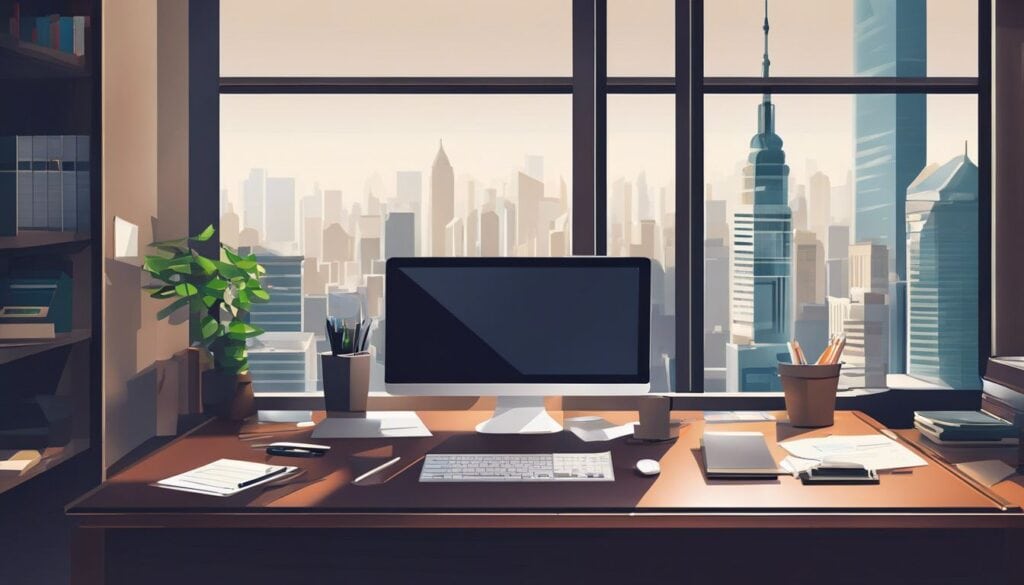 Een georganiseerd kantoorbureau met moderne uitstraling in de stad.