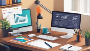 Een opgeruimd bureau met computer en rekenmachine in kantoorsetting.