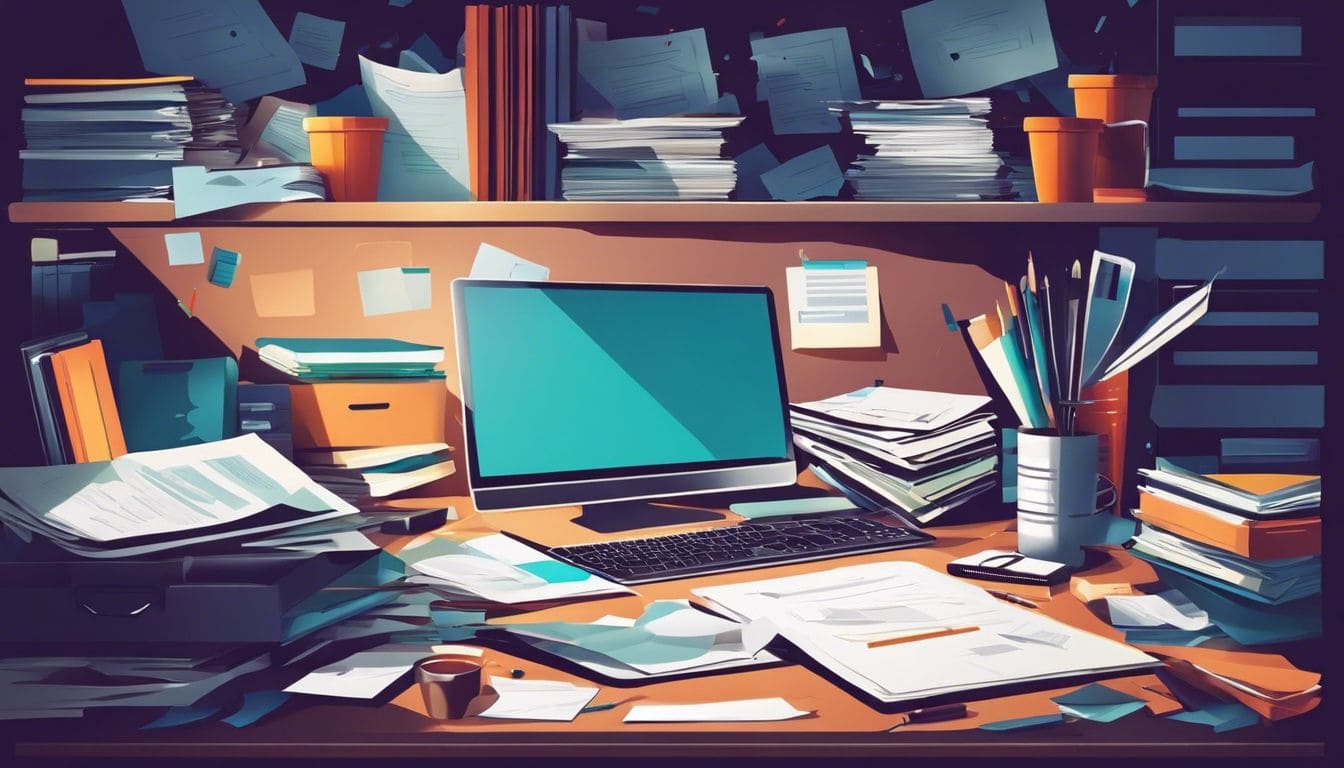 Een persoon organiseert documenten op een rommelig bureau.