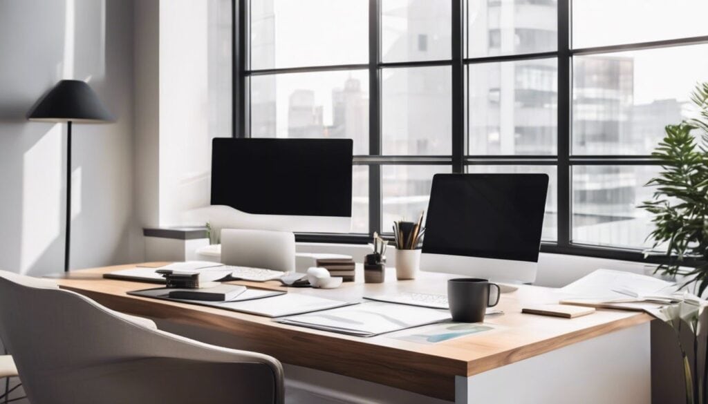 Een moderne kantoorwerkplek met financiële documenten en minimalistische decoratie.