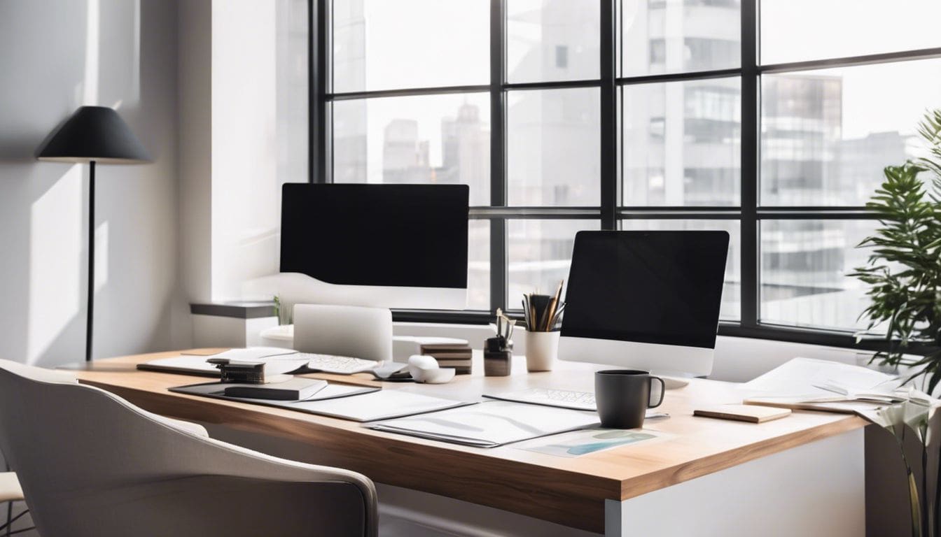 Een moderne kantoorwerkplek met financiële documenten en minimalistische decoratie.