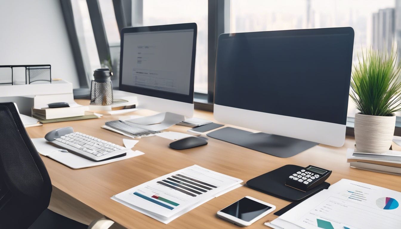 Een opgeruimde werkplek met financi&euml;le documenten en een rekenmachine.