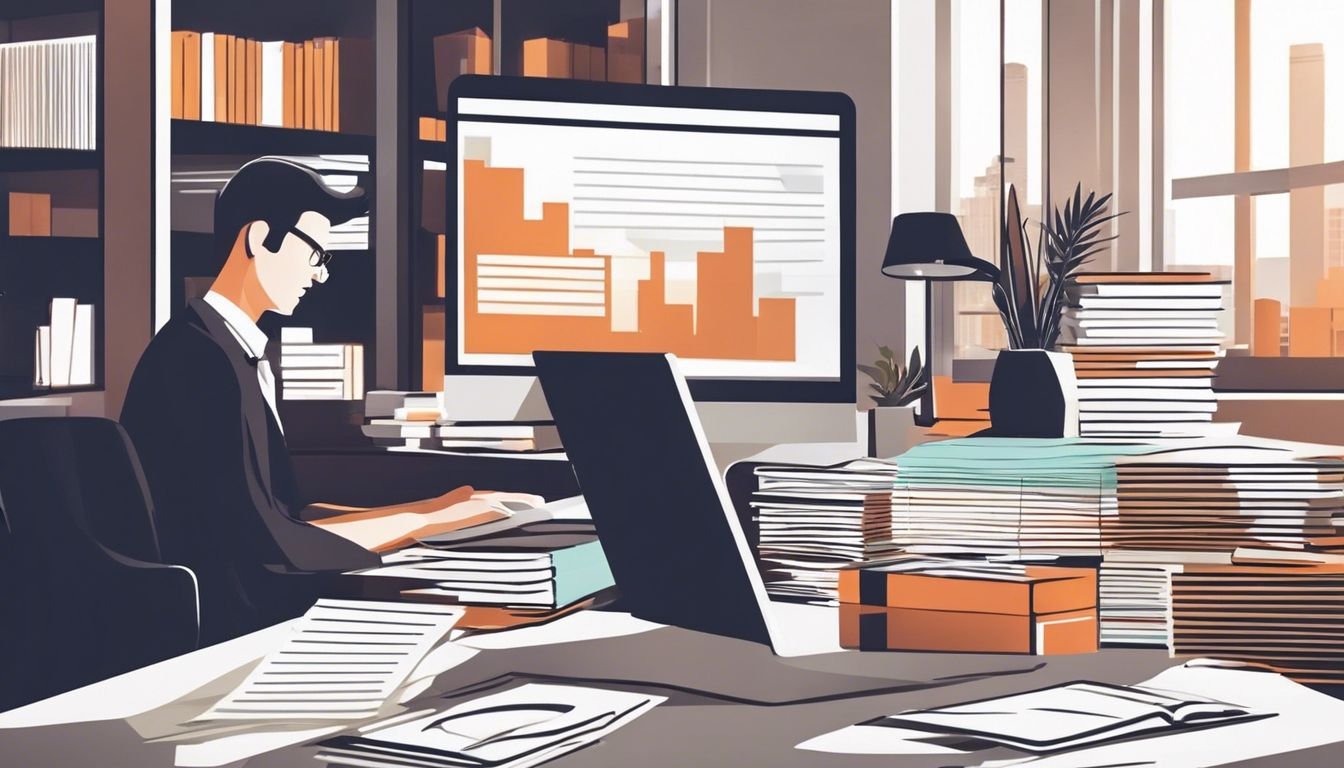 Een persoon werkt op een laptop omringd door georganiseerd papierwerk in een moderne kantooromgeving.
