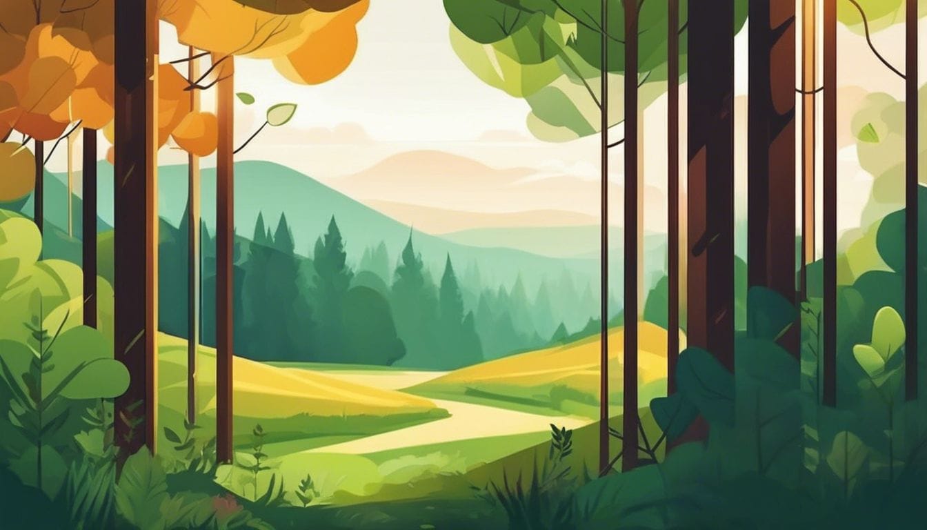 Een vredige bosomgeving met weelderige groenheid in platte designstijl.