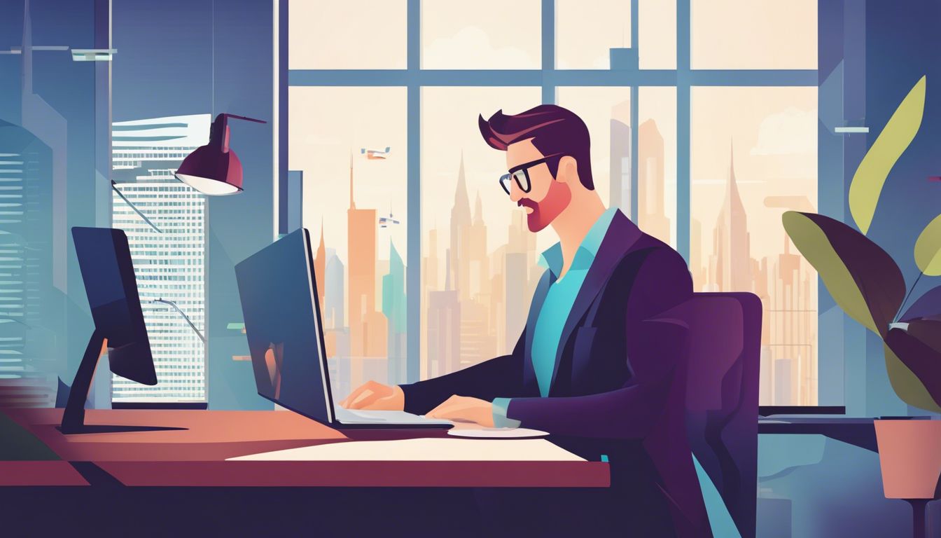 Een persoon die online administratie in SnelStart overdraagt, zittend aan een bureau met een computer, met stadsfotografie op de achtergrond.