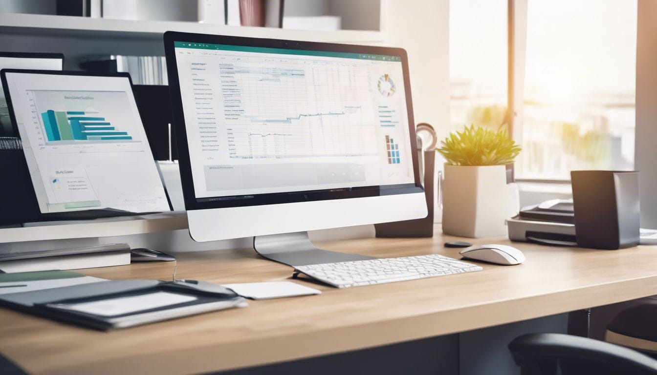 Een opgeruimd kantoorbureau met computer, financi&euml;le documenten en rekenmachine.