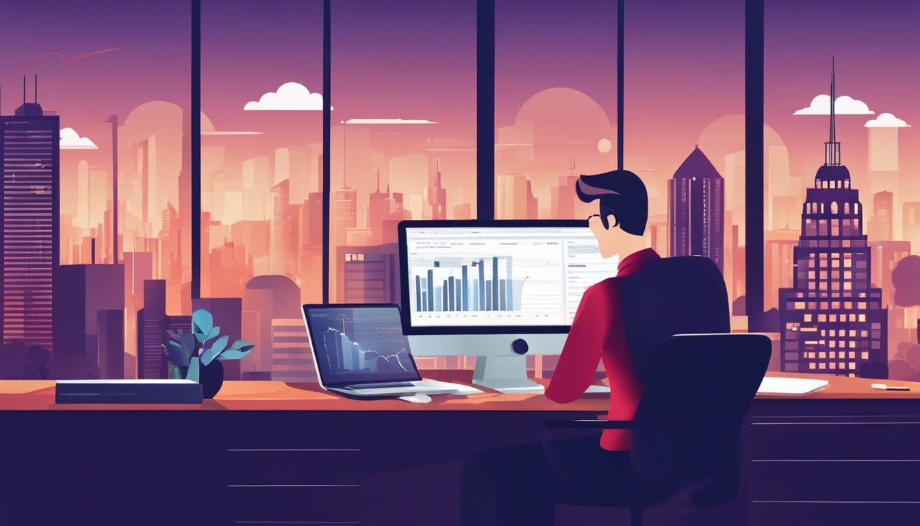 Persoon onderzoekt en vergelijkt boekhoudsoftware op kantoor met stad op achtergrond.