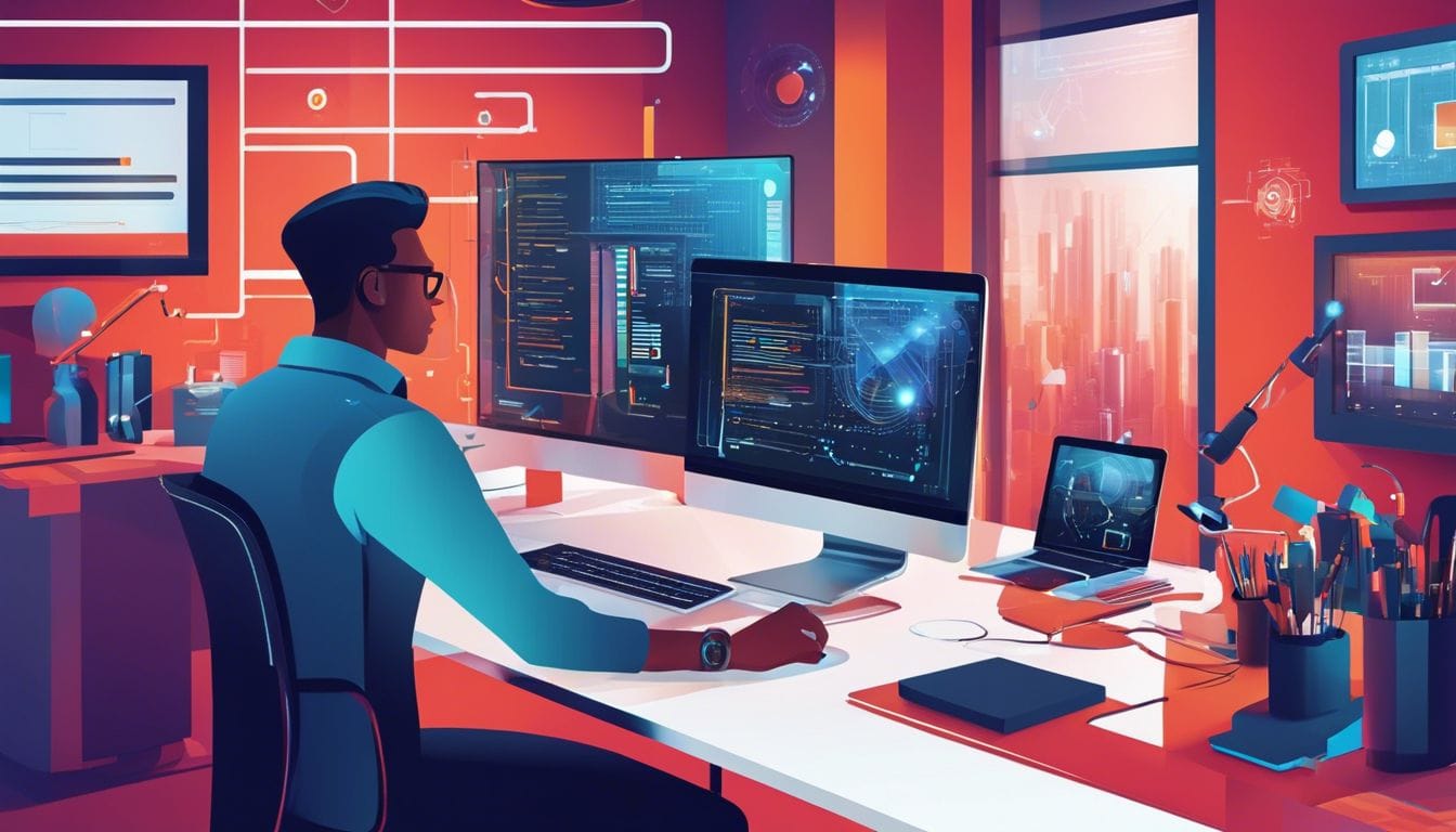 Een professional onderzoekt API-compatibiliteit in een moderne kantooromgeving.