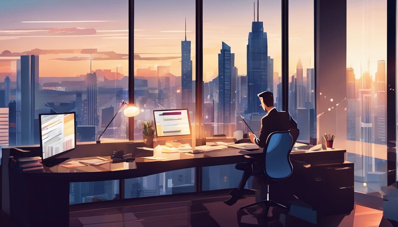 Een glazenwasser organiseert papierwerk op een rommelig bureau in een hoog kantoorgebouw.