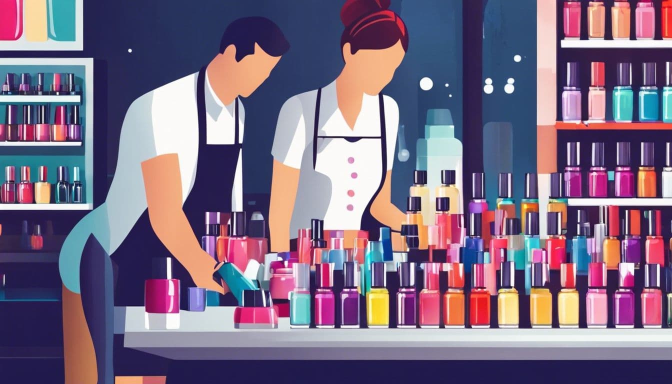 Een nageltechnicus die kleurrijke nagellakflessen arrangeert in een professionele salonomgeving.