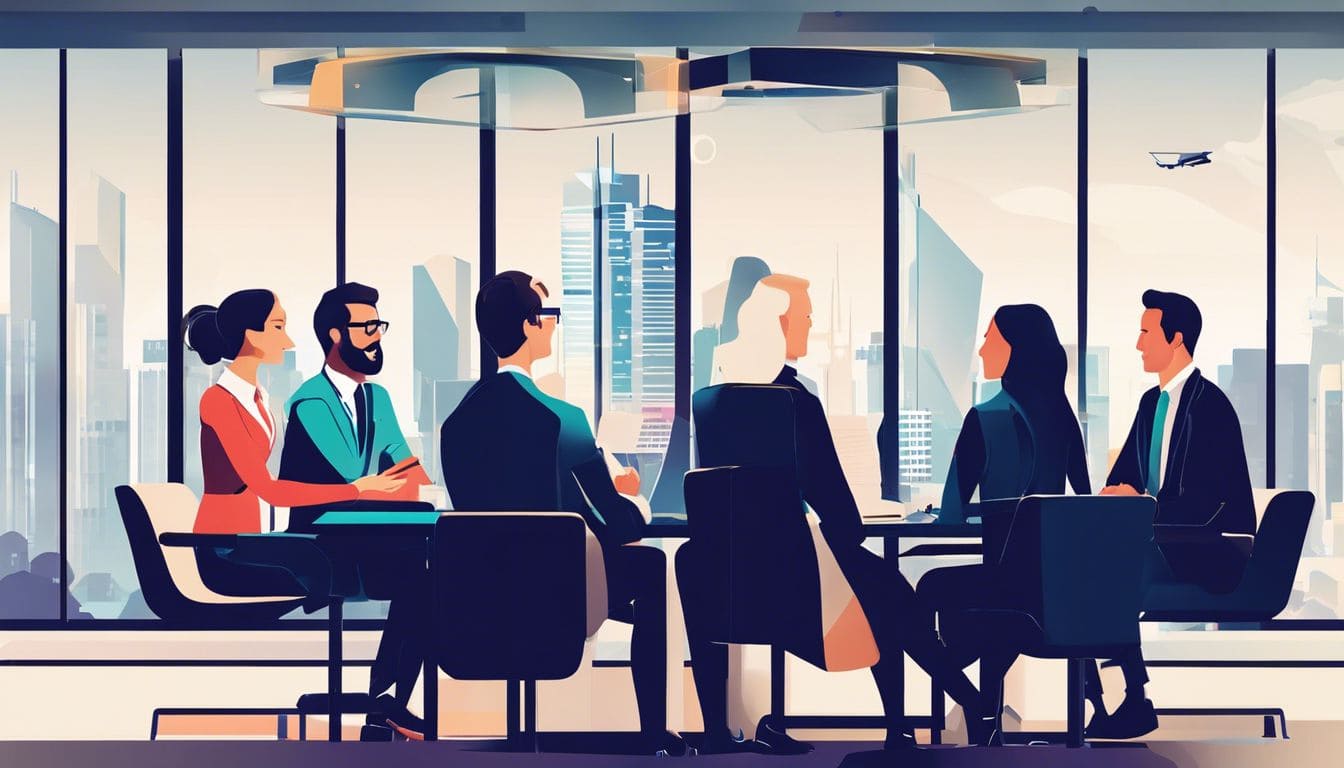 Een diverse groep sportclubleden bespreekt financi&euml;n in een moderne vergaderruimte.