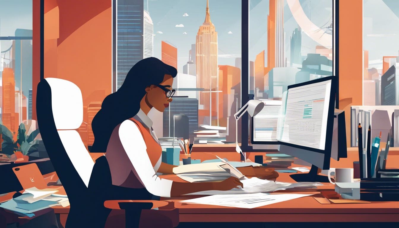 Een drukke professional werkt aan een rommelig bureau met uitzicht op de stad.