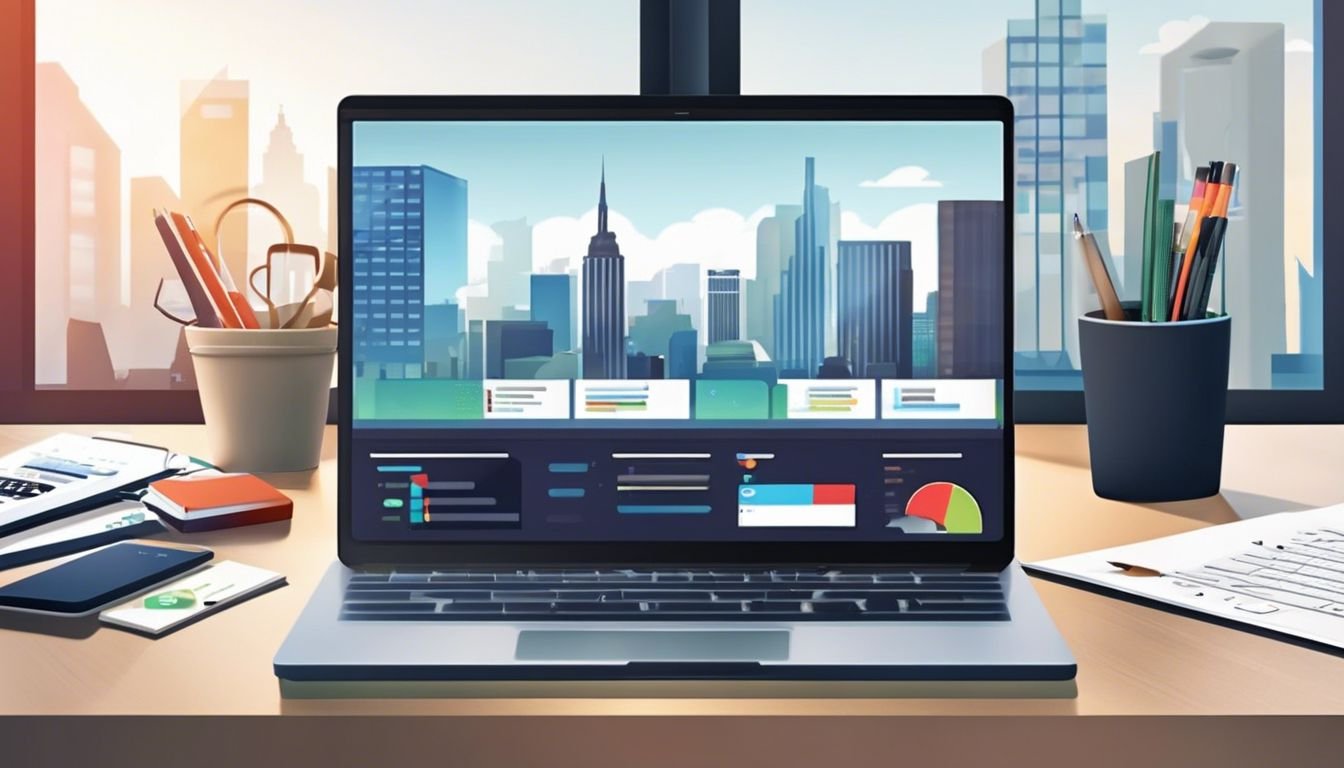 Een open laptop met boekhoudsoftware omgeven door georganiseerde kantoorbenodigdheden en stadsfotografie, benadrukkend op een professionele en productieve werkomgeving.