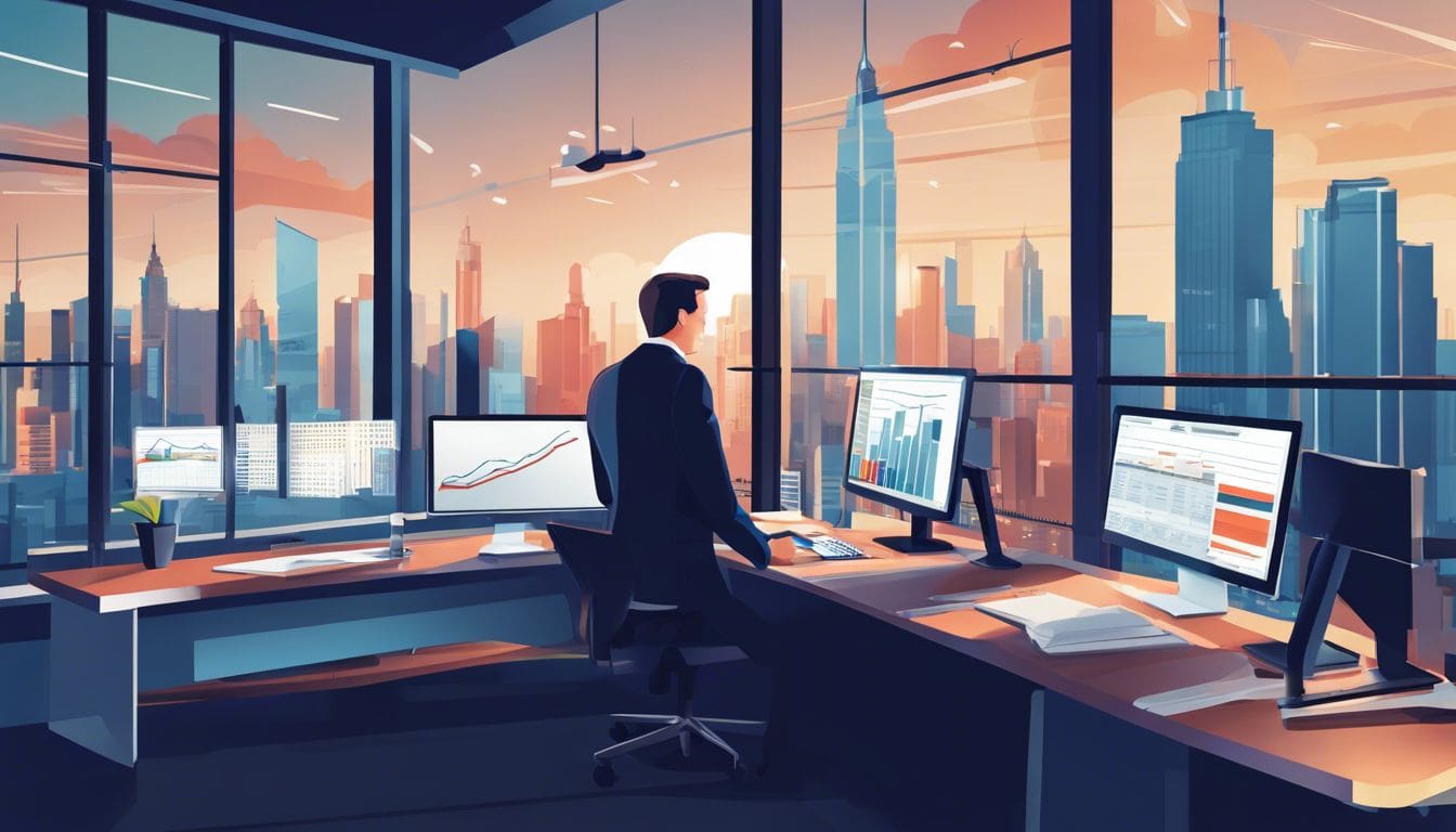 Een professionele accountant werkt met effici&euml;nte boekhoudsoftware in een moderne kantooromgeving.