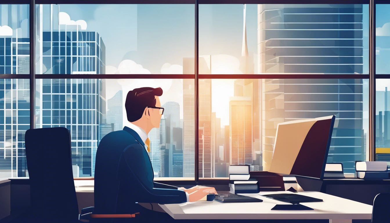 Een professionele accountant gebruikt AccountView software in een moderne kantooromgeving.