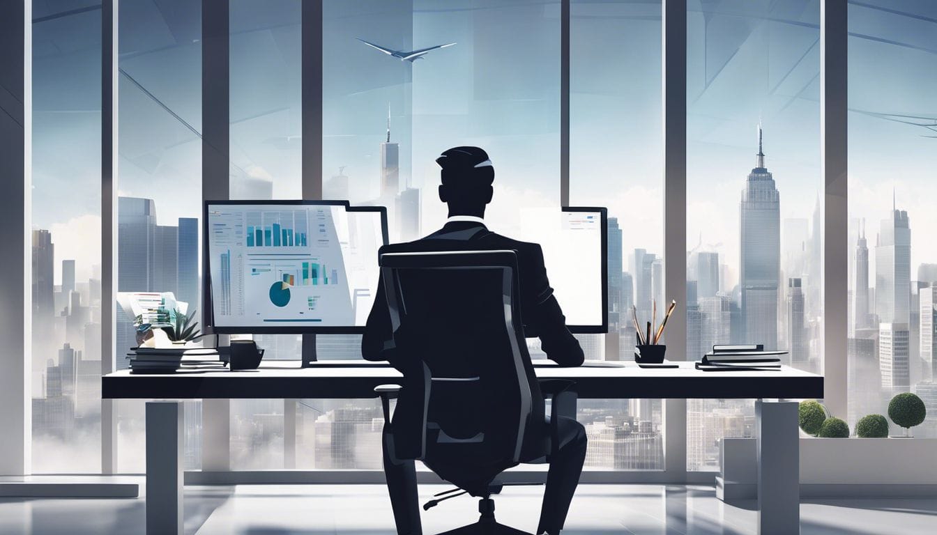 Een opgeruimd bureau met financi&euml;le overzichten en stadsgezichten, met een professionele uitstraling.