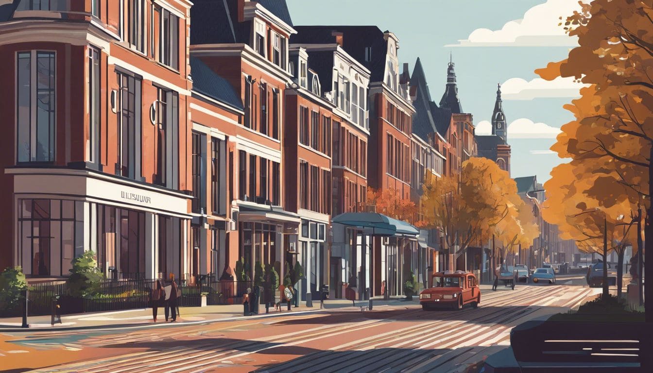 Een weids uitzicht op Hilversum met drukke stadstraten en overheidsgebouwen. Een weids uitzicht op Hilversum met drukke stadstraten en overheidsgebouwen.