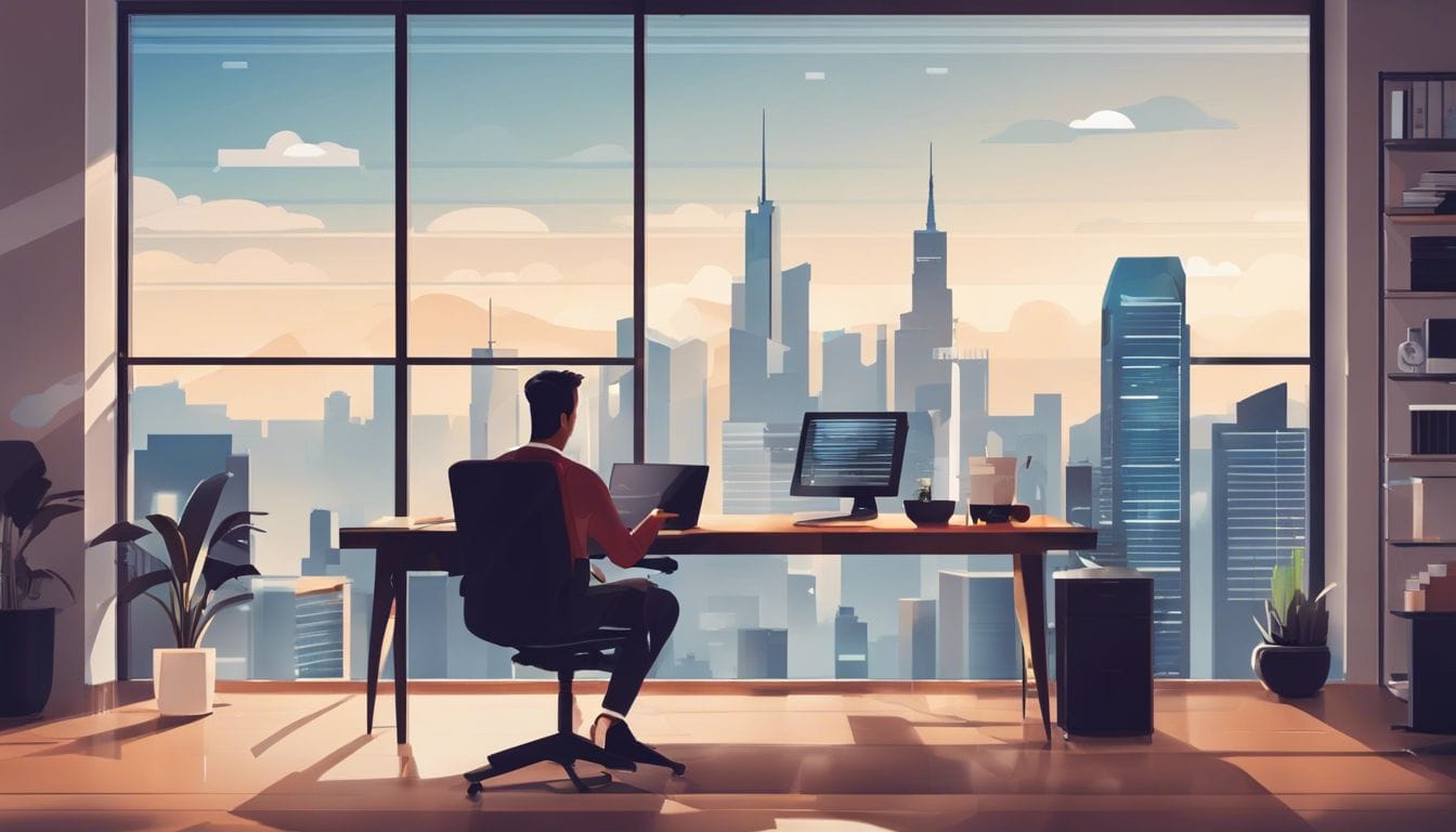 Kleine ondernemer gebruikt financi&euml;le software in kantoor met stadsgezicht.