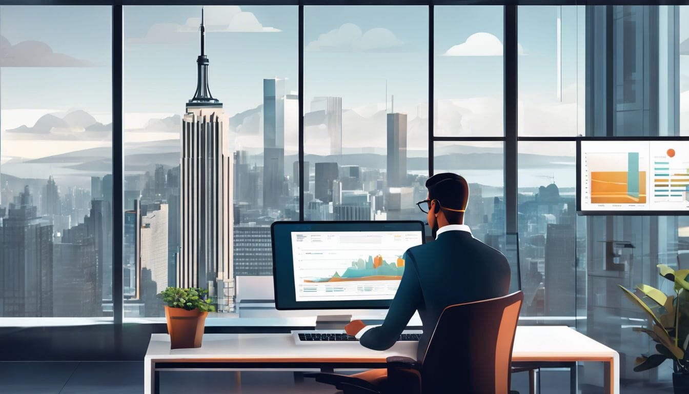 Een zakenman bekijkt financi&euml;le gegevens op een laptop in een modern kantoor.