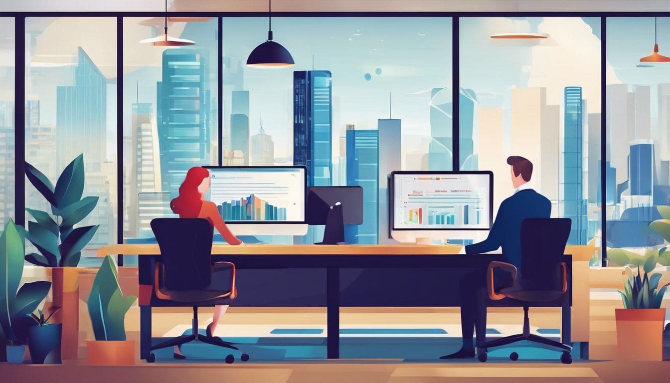 Een professioneel team gebruikt commerci&euml;le beheersoftware voor stadsgezichtfotografie in een modern kantoor.