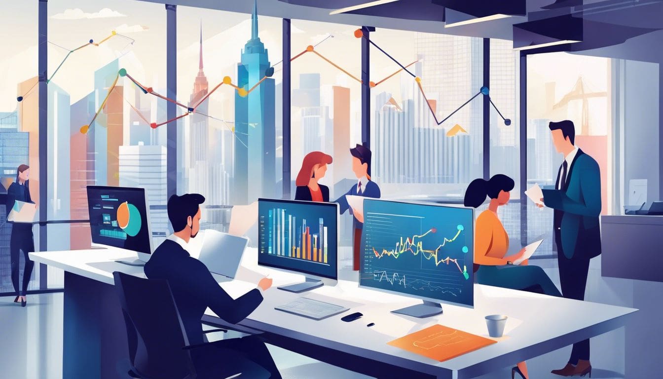 Een divers team van professionals analyseert financi&euml;le gegevens in een modern kantoor.