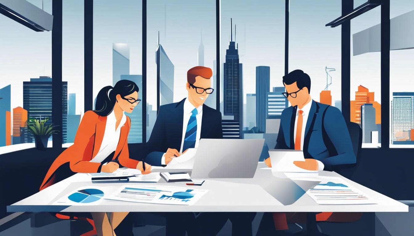 Een team accountants bekijkt financi&euml;le rapporten in modern kantoor.