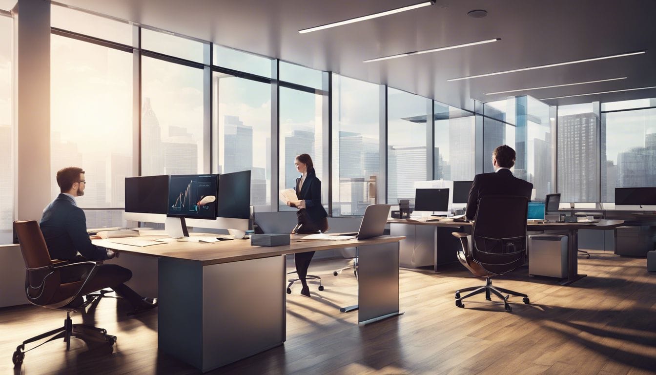 Een groep accountants werkt in een modern kantoor met verschillende boekhoudsoftware.