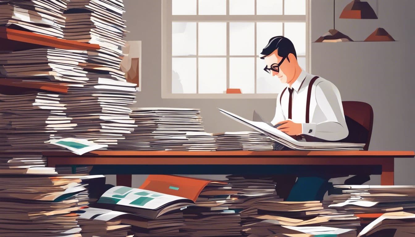 Een persoon raadpleegt een grote boekhoudkundige boek met stapels papieren en een rekenmachine op het bureau, benadrukt de chaotische en overweldigende werklast. Een persoon raadpleegt een grote boekhoudkundige boek met stapels papieren en een rekenmachine op het bureau, benadrukt de chaotische en overweldigende werklast.