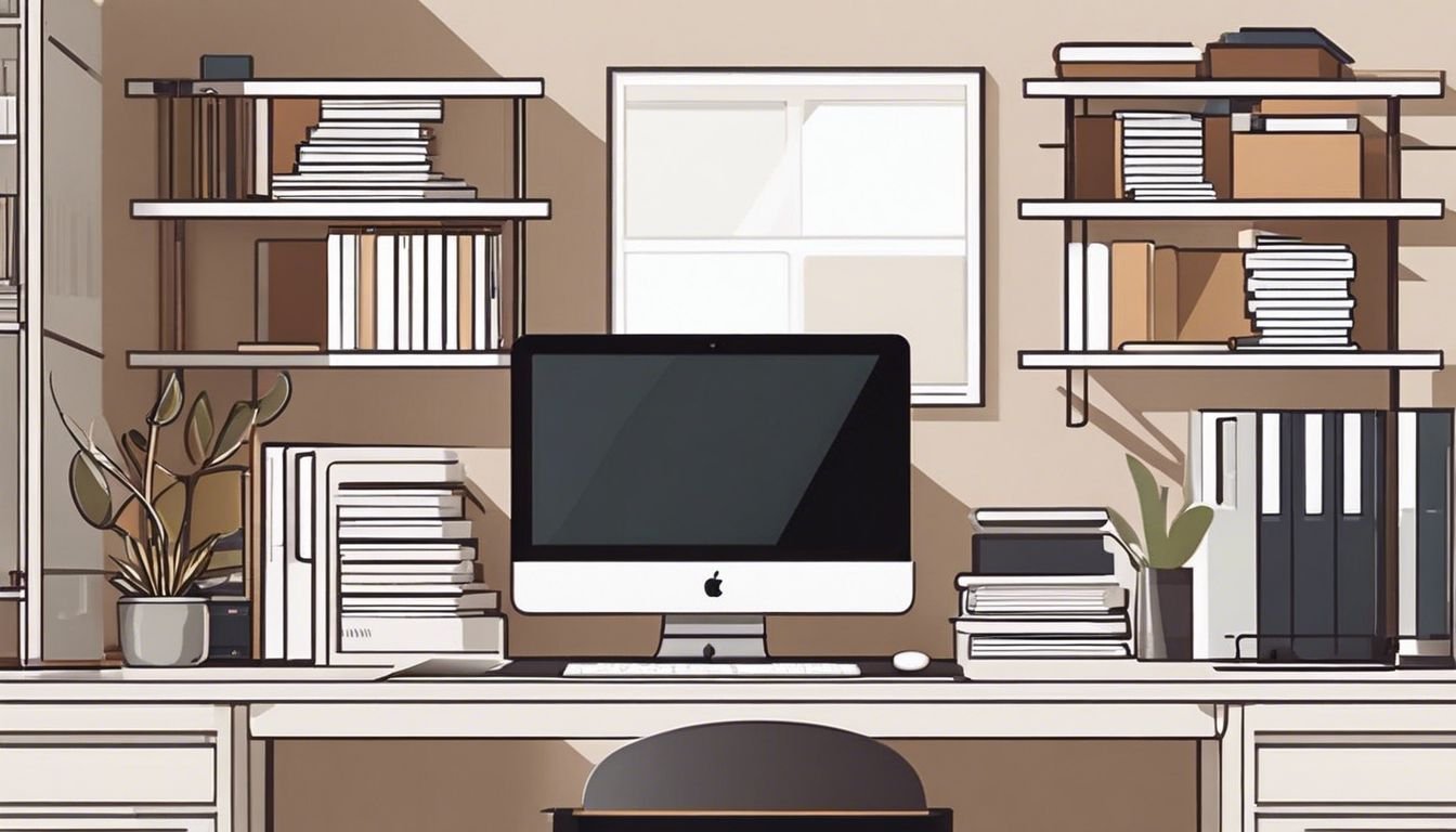 Een opgeruimd thuiskantoor met georganiseerde planken en een minimalistisch bureau.