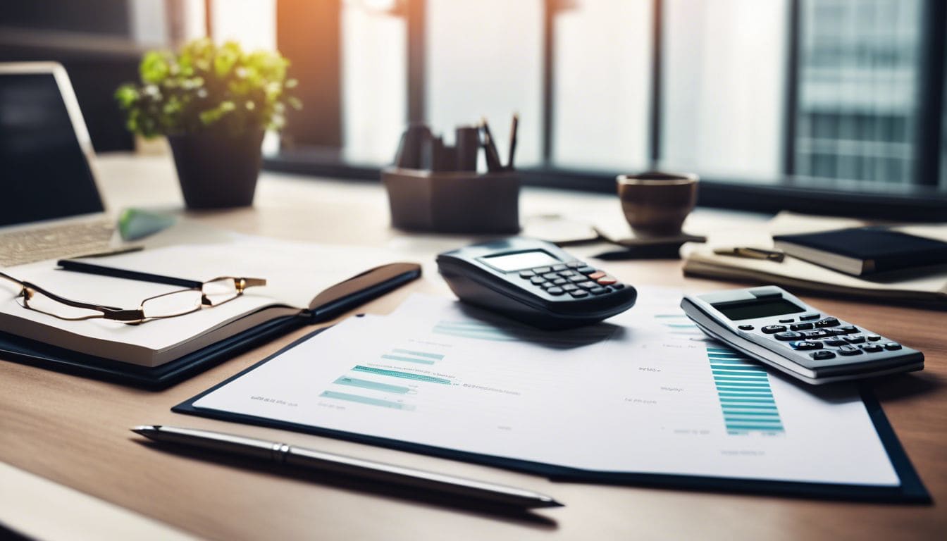Een netjes georganiseerd bureau met financiële boeken en calculators. Een netjes georganiseerd bureau met financiële boeken en calculators.