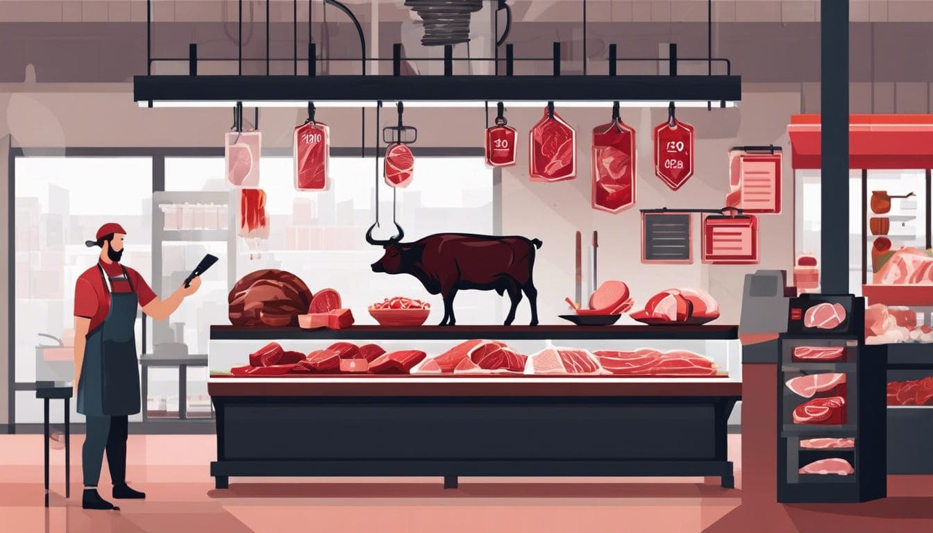 Een slager weegt vlees op een digitale weegschaal in een moderne slagerij.