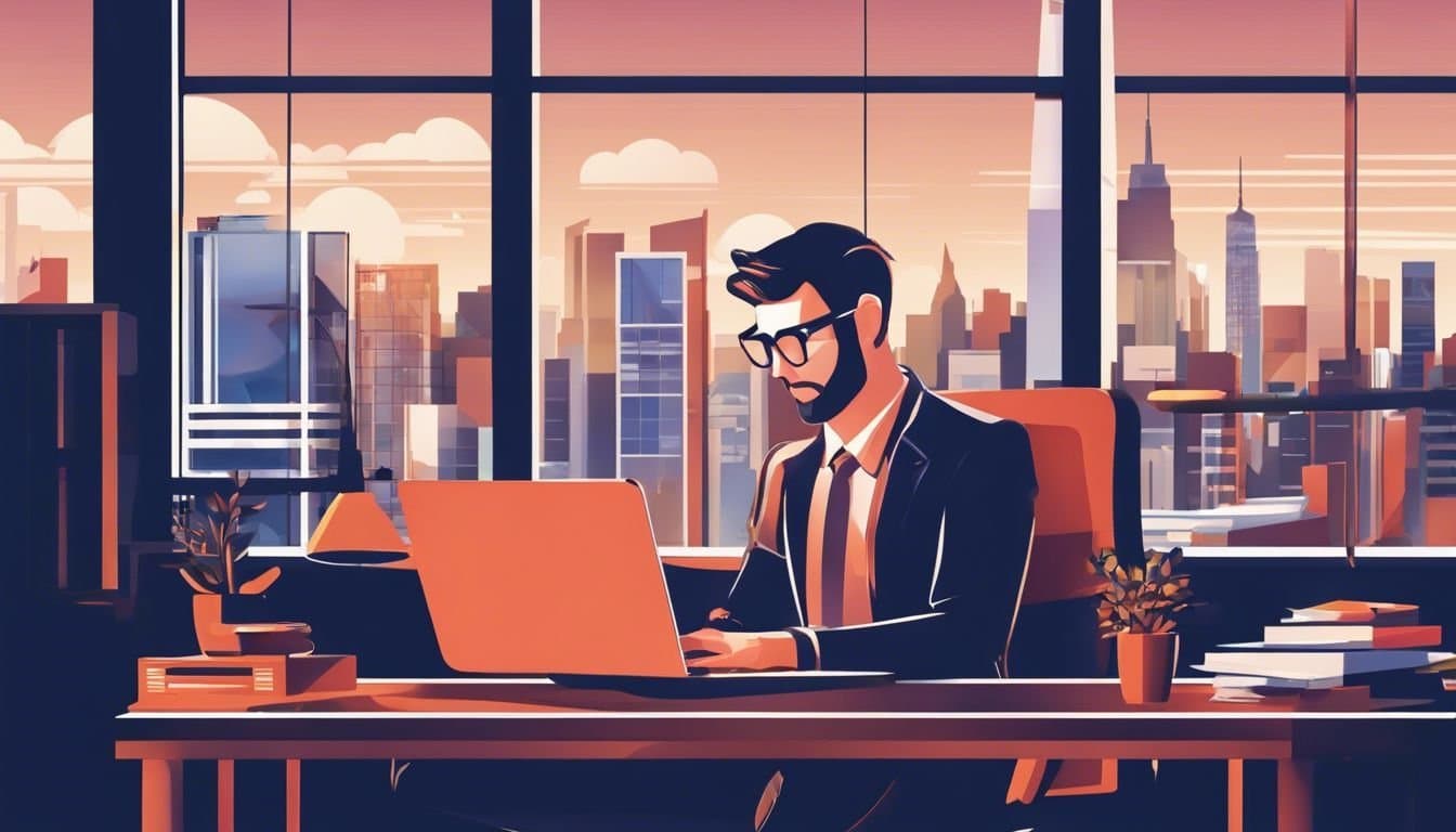 Een persoon gebruikt financi&euml;le software op een modern Ubuntu-laptop in een eigentijdse kantooromgeving.
