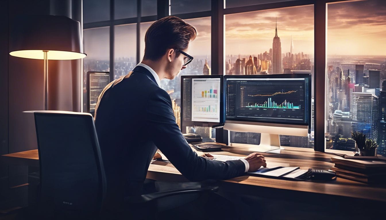 Een professional analyseert financi&euml;le gegevens met stadsgezicht op achtergrond.