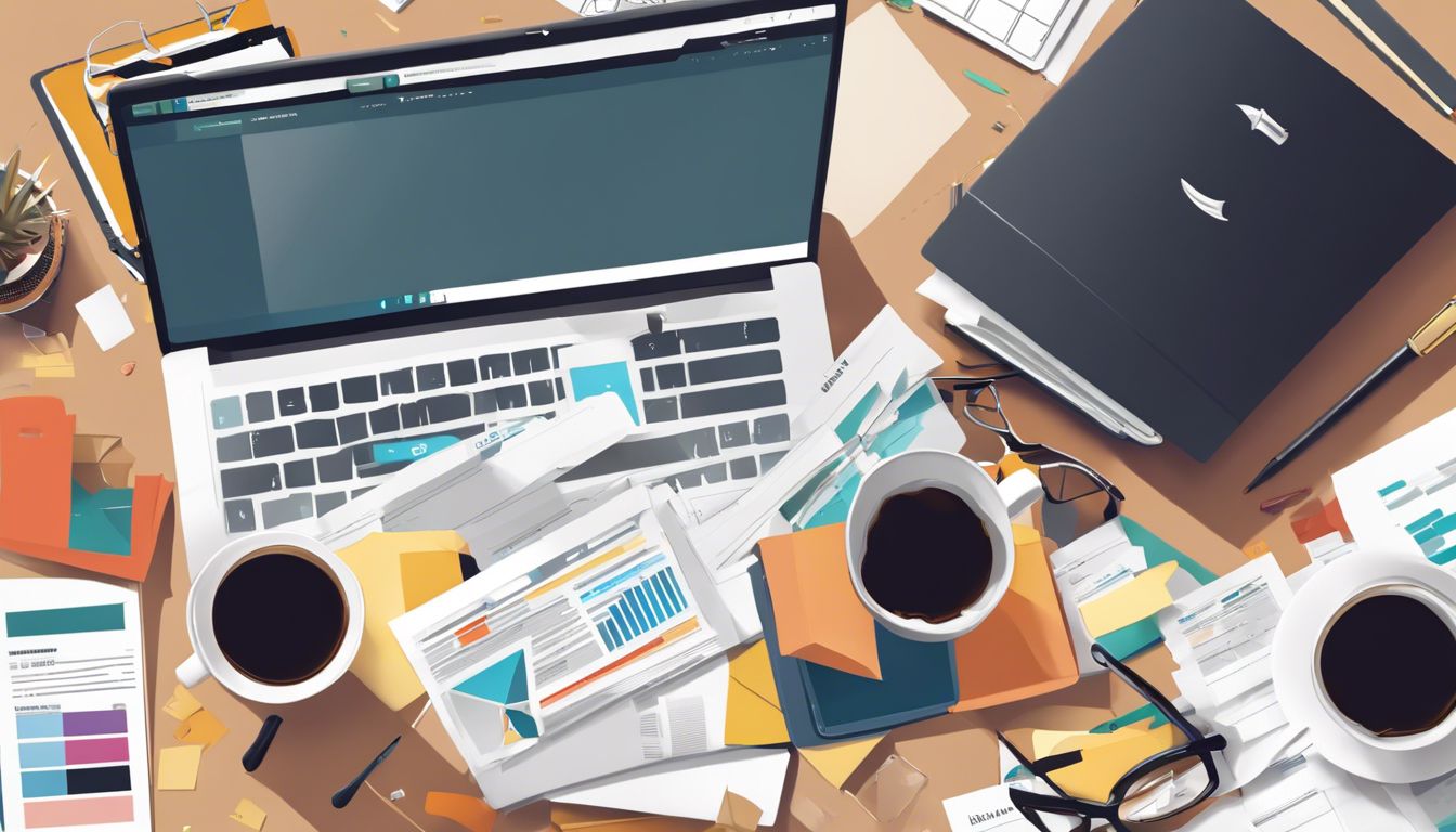 Een drukke freelancer werkt aan een rommelig bureau met boekhoudsoftware op het computerscherm.