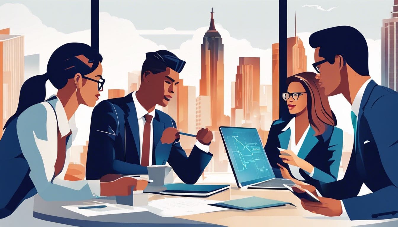 Een groep studenten bespreekt financiële analyse in een moderne zakelijke omgeving. Een groep studenten bespreekt financiële analyse in een moderne zakelijke omgeving.