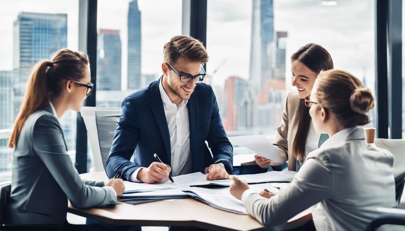 Een groep studenten bespreekt financi&euml;le documenten in een modern kantoor.