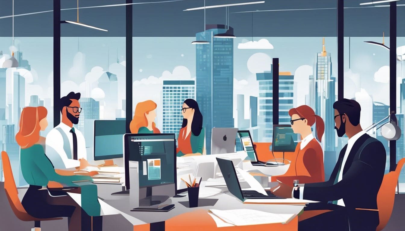 Een groep accountants en financiële experts werkt samen in een moderne kantooromgeving. Een groep accountants en financiële experts werkt samen in een moderne kantooromgeving.