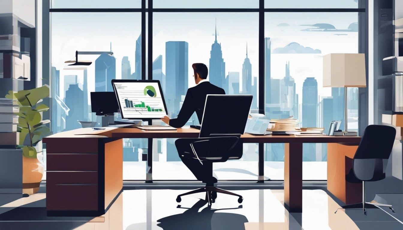 Een professionele accountant analyseert financi&euml;le documenten in een moderne kantooromgeving.